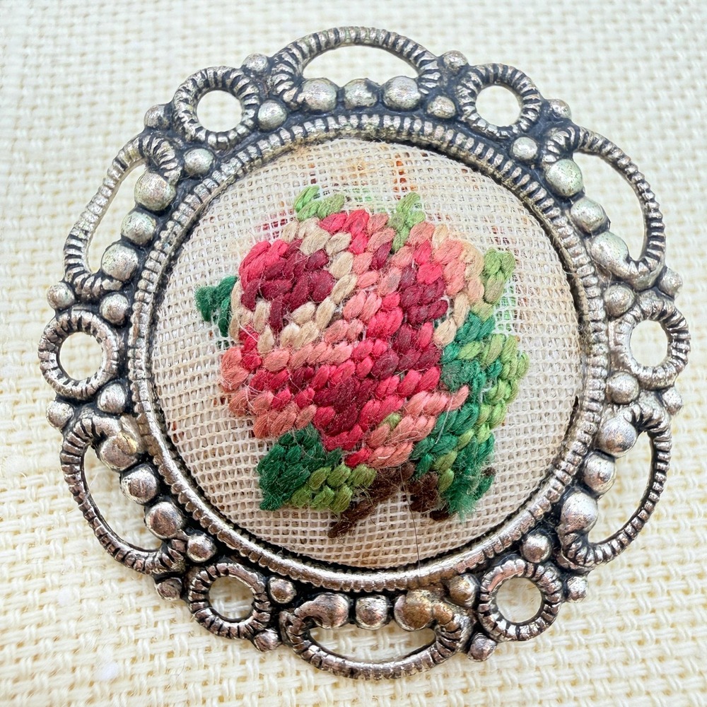 Vintage Dainty Sweet Needlepoint Cross Stitch Floral Rose Cameo Brooch